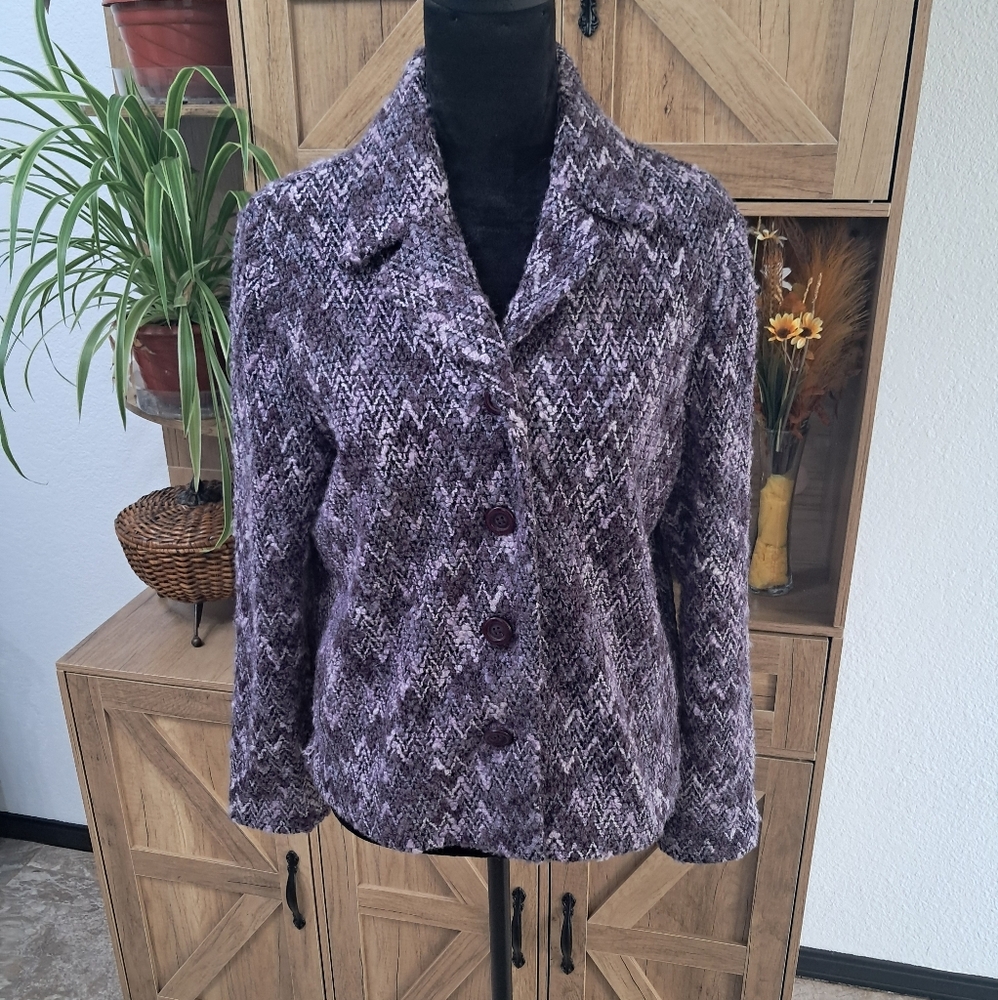 Vintage Dressbarn Tweed Jacket Purple Cheveron Pattern Lined Timeless Style